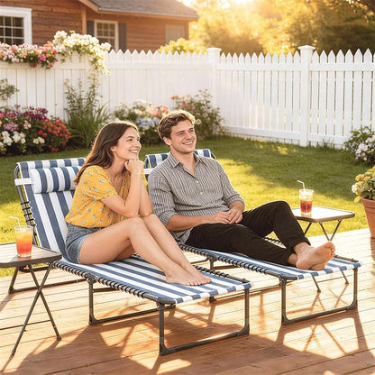 Outsunny Folding Chaise Lounge Chair Set of 2, Patio Sun Tanning Chair, Outdoor Chaise Lounger with 4-Position Reclining Back, Breathable Mesh Seat for Beach, Poolside, Yard, Blue and White