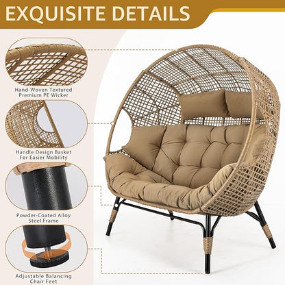 NICESOUL® Double Egg Chair Indoor Outdoor Stationary Oversized 6.5" Thick Padded Cushions,2 Person Wicker Egg Loveseat Chair,680 lbs Extra Wide Lounge Chair for Patio Balcony Porch Brown with Cover