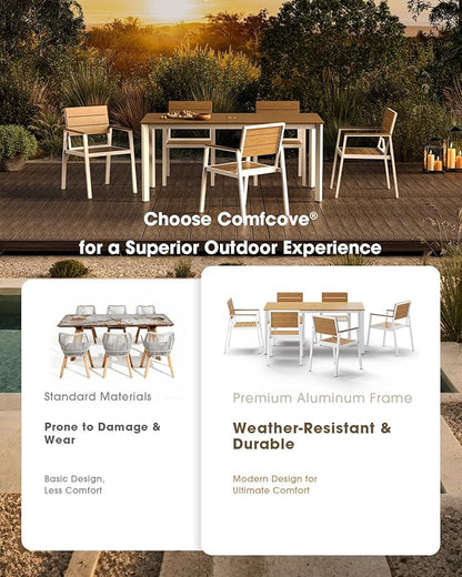 Outdoor Patio Dining Chairs Set of 2, Aluminum & HDPS All-Weather Dining Chairs for Deck, Lawn, Backyard, Pool (White & Teak)