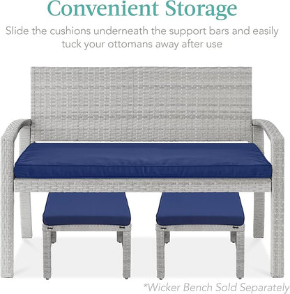 Best Choice Products Set of 2 Wicker Ottomans, Multipurpose Outdoor Furniture for Patio, Backyard, Additional Seating, Footrest, Side Table w/Removable Cushions, Steel Frame - Gray/Navy