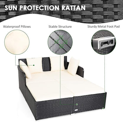 Tangkula Outdoor Rattan Daybed, Wicker Furniture with Spacious Seat, Upholstered Cushion & High-Resilience Sponge, Patio Sofa Set with 4 Pillows, 2-Person Sunbed for Poolside Backyard Garden & Balcony