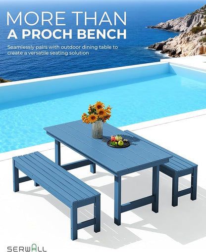 SERWALL 47 Inches Outdoor Bench, All Weather HDPE Backless Bench with Wood Grain Texture for Garden Porch and Park, Curved Bench Seat for Comfort, Blue
