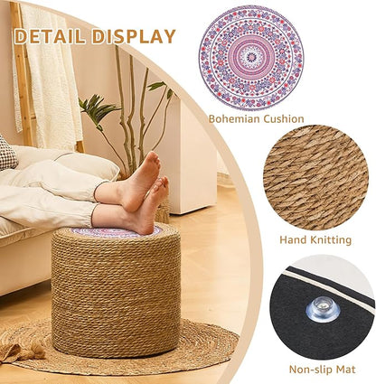 Wimarsbon Round Pouf Ottomans, Handwoven Natural Water Hyacinth Seagrass Pouffe,Outdoor Rattan Stool Accent Seat, Bohemian Coastal Home Decor (18inch Natural Cattail-Boho 4)