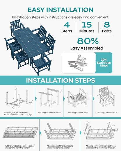 Outdoor Rectangle Dining Table, Heavy-Duty HDPE Table for 6, Weatherproof Patio Table with Umbrella Hole, Rounded Corners for Safety, Navy Blue