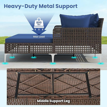 Tangkula Outdoor Rattan Double Daybed, Boho Wicker Chaise Lounge for 2 with Seat & Back Cushions, Outdoor Sunbed Loveseat with Metal Support for Backyard, Poolside & Deck (Navy)