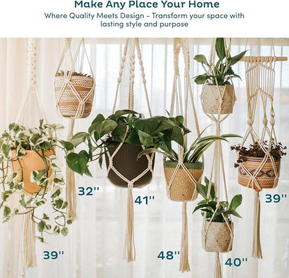 Nook Theory 6-Pack Macrame Plant Hangers with 12 Hooks - Hanging Planters for Indoor Plants, Boho Macrame Hangers Indoor Outdoor, Decorative Plant Hanger Indoor (Light Gray)
