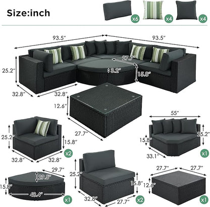 Merax 7-Piece Outdoor Wicker Sectional Sofa Set,Modular Rattan Conversation Set with Gray Cushions,Striped Green Pillows & Tempered Glass Coffee Table for Patio,Garden,Deck,Black