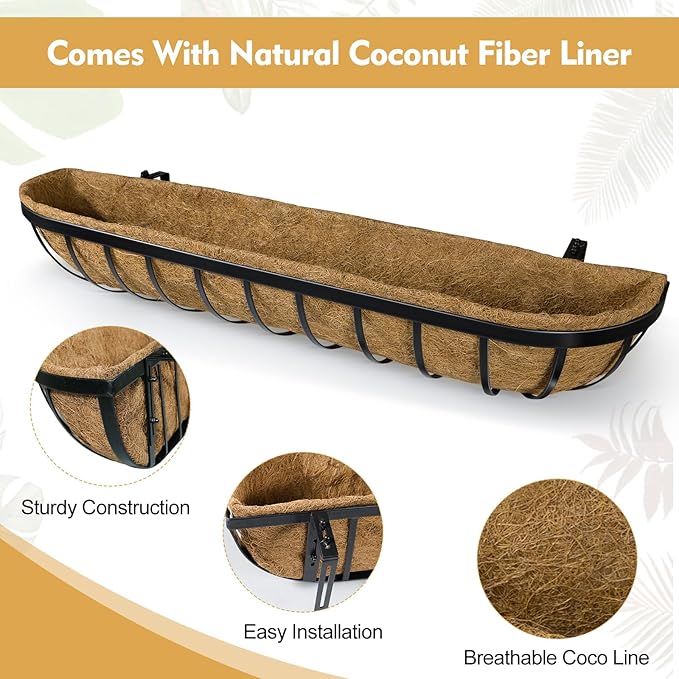 4 Pack 30 Inch Window Deck Railing Planter Boxes with Coconut Liner, Large Hanging Window Flower Boxes Metal Railing Planter for Balcony Fence Porch (4, 30 Inch)