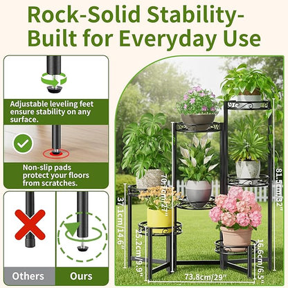 Metal Plant Stand, 7 Tier Tall Wrought Iron Plant Shelf Holder for Indoor, Outdoor Folding Tall Display Rack Flower Pot Stand for Corner Office Balcony Patio - BlackCircle