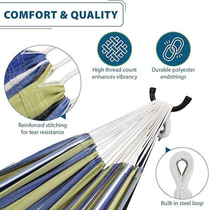 Vivere Double Cotton Hammock with Space Saving Steel Stand, Upgraded Polyester End Strings 450 lb Capacity - Premium Carry Bag Included - USA Grown Cotton (Oasis)