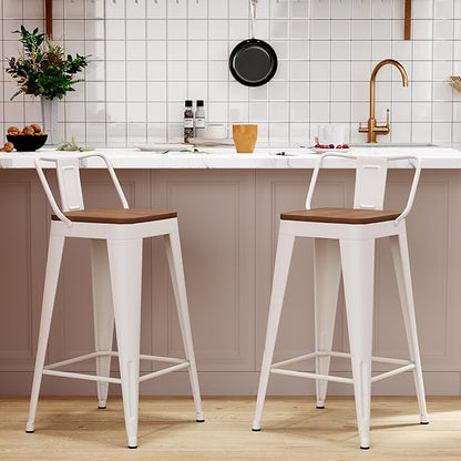 WENTMENT Metal Bar Stools Set of 2 Counter Height Barstools with Removable Back 30" Kitchen Bar Stools with Wooden Seat,Off White