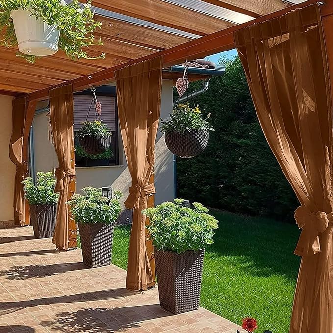SpaceDresser Waterproof Outdoor Sheer Curtains for Patio - 2 Panels Rod Pocket Indoor Voile Sheer Curtain for Living Room,52W x 96L inch, Brown