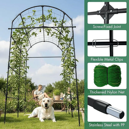 Garden Trellis Arch 7FT PP-Coated Stainless Steel Metal Extra Tall Cucumber Trellis Arch Garden Arch Trellis for Climbing Plants Outdoor Vegetable Trellis with Trellis Netting