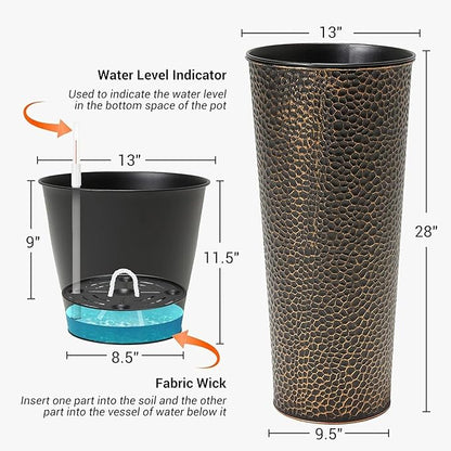 Worth 2 Pack 28" Tall Narrow Metal Planter with Inside Pot for Indoors or Outdoors, Deck, Patio or Front Porch, Hand-Hammered Texture, Bronze