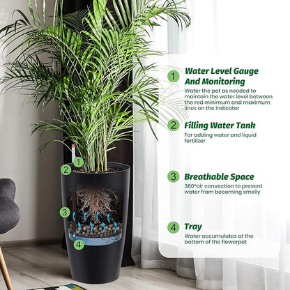 GarveeLife Set of 2 Tall Planters for Outdoor Plants, 22 in Large Planters for Outdoor Indoor Plants with Water Level Monitor ＆ Inner Bucket, Automatic Watering, for Porch, Patio, Backyard, Black