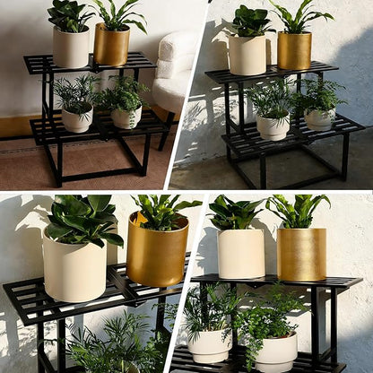 Metal Plant Stand, Foldable Heavy Duty Indoor, Window Iron Plant Shelf - Mid Century Modern Slatted Display for Patio,Garden, Living Room Load Bearing 330 lbs 26" L x 20.2" H x 17.7" W2 Tier Black