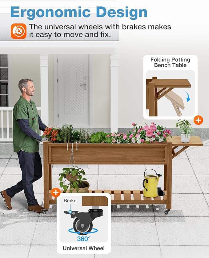 YEFU Raised Garden Bed with Legs: 57x18x30in Elevated Poly Planter with Wheels,Waterproof Mobile Raised Bed Garden, Elevated Planter Box Stand with Storage Shelf,for Herb,Carrot,Tomato (Teak,2pcs)