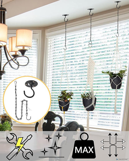 NACETURE Ceiling Hooks for Hanging Plants 3 Pack - Plant Hanger Indoor Hanging Hooks Metal Plant Bracket Iron Lanterns Hangers for Wind Chimes (Black 3 Pack + Chain)