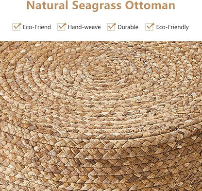 Wimarsbon Ottoman Natural Seagrass Foot Rest Stool Hand Weave Round Foot Stool Pouf Boho Vanity Stools with Non-Skid Mat for Living Room Bedroom Hallway