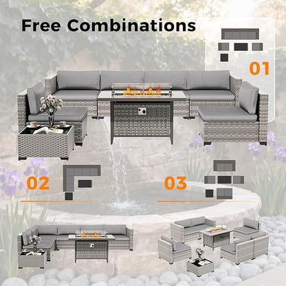 6-Seat Modern Outdoor Wicker Rattan Patio Furniture Set with 55,000 BTU Fire Pit Table, Thick 4″ Cushions, All-Weather Dual-Strand Rattan, Rust-Resistant Steel Frame,Gray