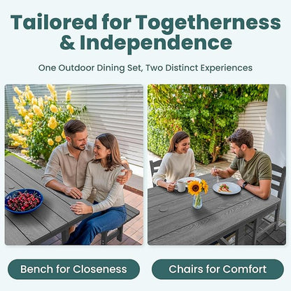 Pamapic 6 PCS Outdoor Dining Set, Spacious HDPE Outdoor Table with 4 Chairs and 1 Bench, Wood Grain Patio Furniture Sets with Elegant Armrest, All-Weather Patio Dining Table with Umbrella Hole, Gray