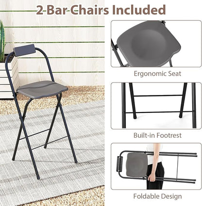 Tangkula 3 Piece Patio Bar Set, Grill Gazebo & 2 Foldable Bar Stools with Awning, Metal Storage Shelves, Glass Holders, Double-Tier Outdoor Shelter for Patio Poolside Garden Backyard (Gray)