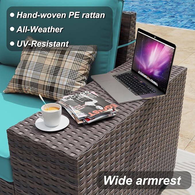 ALAULM 12 Pieces Outdoor Patio Furniture Set Sectional Sofa Sets Brown PE Rattan Patio Conversation Set w/10 Turquoise Blue Seat Cushions and 2 Coffee Tables