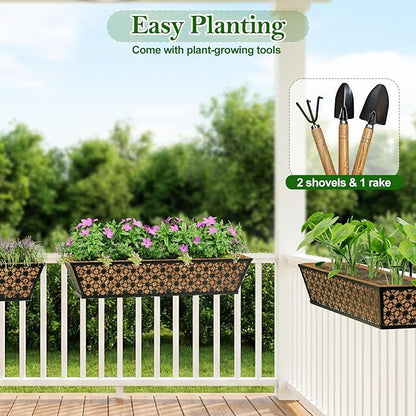 SPECILITE 30" Window Boxes Planters, Heavy Duty Metal Railing Planter Boxes, Adjustable Balcony Planters for Railing Hanging, with Coco Liner & Tool Set for Deck, Porch, and Patio Gardening (6 Pack)