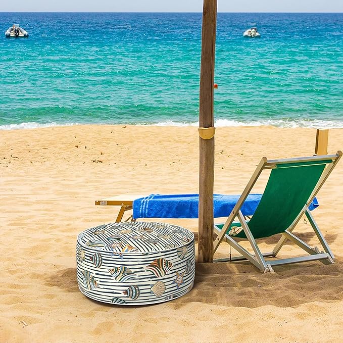 Inflatable Ottoman Stool D21 xH9 for Outdoor/Indoor Use, Water Repellent Patio Foot Rest with Portable Handle,Round Pouf Ottoman Suitable for Garden,Deck and Camping-Crayon Shells