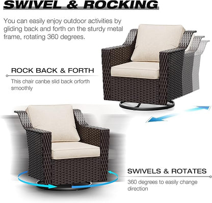 Joyside Wicker Patio Furniture Sets, 6 Pieces Upgraded Large Size Outdoor Furniture with Swivel Rocking Patio Chairs, Two 3-Seat Sofa, Fire Table, Coffee Table, Thick Cushions, Wide Armrest, Beige