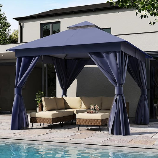 LAUSAINT HOME Semi-Permanent Outdoor Patio Gazebo 10'x10', Heavy Duty Party Tent Shelter with Double Roofs, Mosquito Nettings and Privacy Screens for Backyard, Garden, Lawn, Navy Blue