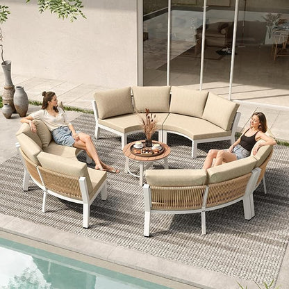 Outdoor Patio Sectional Modular Sofa, Aluminum 1 Piece Curved Patio Couch with Washable Cushions, All Weather PE Rope Sofa for Backyard,Porch, Deck, Poolsid, White