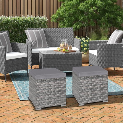 RELAX4LIFE Wicker Outdoor Storage Ottoman - 2-Piece Rattan Footstool w/Removable Cushion, Multipurpose Footrest Foot Stool Seating, Set of 2 Outdoor Ottomans for Patio Deck (Mix Grey-Grey)