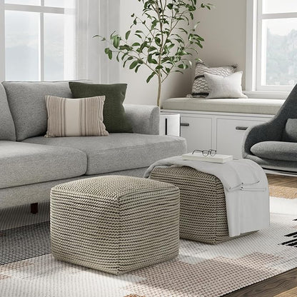SIMPLIHOME Eastmont Square Pouf - 18 inch Wide Handwoven PET Polyester Ottoman in Cream, Boho Indoor/Outdoor Footstool or Extra Seating for Living Room, Bedroom, or Patio, Assembled