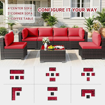 LEVELEVE 7 Pieces Outdoor Patio Furniture Sets,Rattan Conversation Sectional Set,Manual Weaving Wicker Patio Sofa with Tea Table