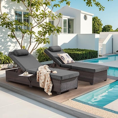 Outdoor Lounge Chairs, Pool Lounge Chairs Set of 2, Outdoor Chaise Lounge with Adjustable Backrest & Cup Holder,Grey Cushiom