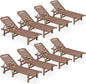 SERWALL Outdoor Chaise Lounge Set of 8, HDPE Pool Lounge Chairs with 5-Position Adjustable Backrest, Patio Loungers with Rolling Wheels & Cup Holder for Pool Sunbathing, Brown