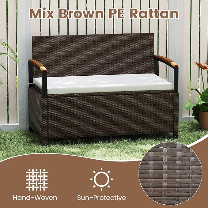 Storage Bench, 2-Person Brown PE Rattan with 46-Gallon Storage