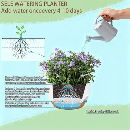 Set of 2-8 Inch Self Watering Hanging Planters for Indoor Outdoor，Hanging Plant Pots with Drainage & Removable Tray, Hanging Pots Holder for Ivy, Pothos, Ferns, Balcony & Patio, White Brown