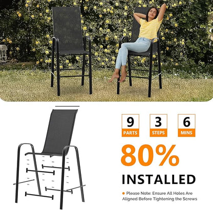 VINGLI Set of 2 Stackable Outdoor Bar Stools – Sling Chairs with High Back & Armrests, for Lawn, Garden, Bar, Black