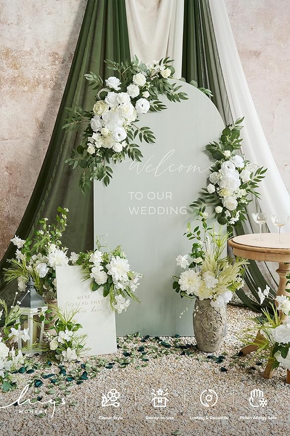 Artificial Flowers Wedding Arch Kit, 4 Piece Set, White and Sage Green