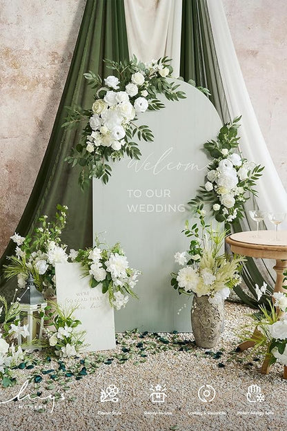 Artificial Flowers Wedding Arch Kit, 4 Piece Set, White and Sage Green