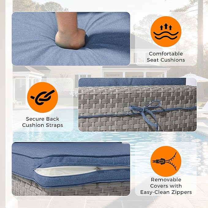 12-Seat Modern Outdoor Wicker Rattan Patio Furniture Set with 55,000 BTU Fire Pit Table, Thick 4″ Cushions, All-Weather Dual-Strand Rattan, Rust-Resistant Steel Frame,Navy