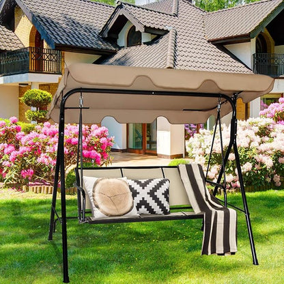 Porch Swing for 3, Brown Steel Frame with Adjustable Sun Canopy