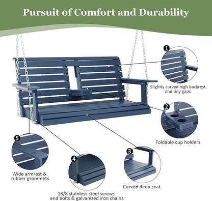 Poly Lumber 2-Seat Porch Swing, HIPS 4.5-Feet Bench Swing with Foldable Cup Holders,18/8 Stainless Steel Hardware, High Backrest and Deep Contoured Seat (Navy Blue, 4.5-feet)