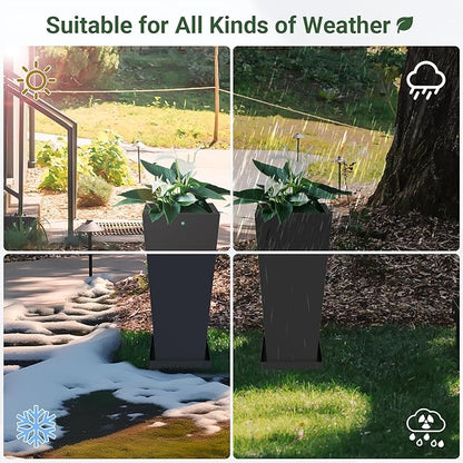Tall Outdoor Planters Set of 2, 24 inch Tall Planters for Outdoor and Indoor, Metal Tapered Pots with Drainage Holes & Insert Shelves & Trays for Porch, Garden, Patio, Yard