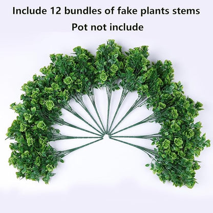 Artificial Fake Outdoor Plants for Spring Summer Decoration, 12 Bundles Fake Plastic Roses UV Resistant Look Real Faux Plants for Planter Outside Front Door Porch Patio Balcony Garden Indoor Yard Urn