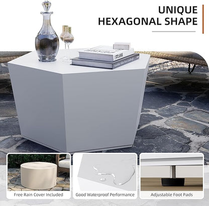 UPHA Outdoor Hexagon Coffee Table, Small Modern Minimalist Accent Tables, Low Light Concrete Center Table for Living Room, Outside Patio, Deck, 28×24.2×15.4, Pure White