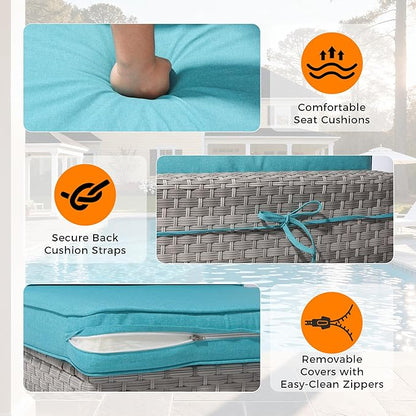 10-Seat Outdoor Wicker Patio Furniture Set with Fire Pit Table, Modular Rattan Sectional Sofa & 2 Swivel Rocking Chairs, 4" Thick Cushions, Rust-Resistant Frame,Blue