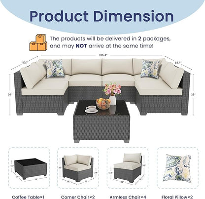7 Piece Outdoor Patio Furniture Set, Outdoor Sectional Furniture, Rattan & Wicker Modern Modular Conversation Set Sofa Couch W/Water Resistant Washable Thick Cushions, Coffee/Beige
